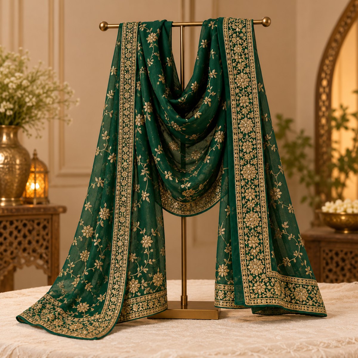 Emerald Green Embroidered Net Dupatta