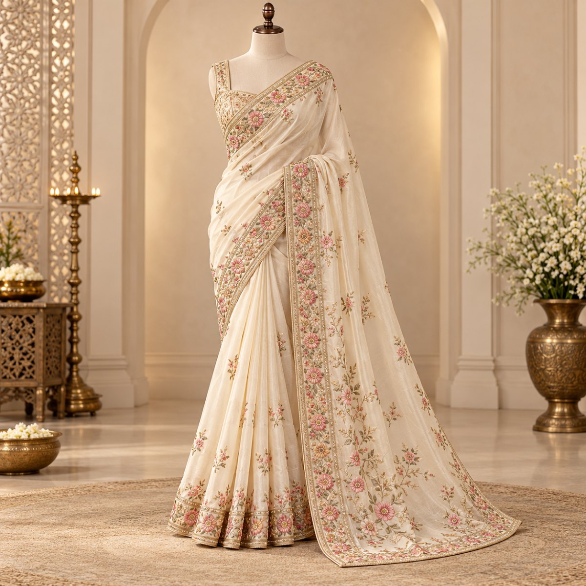 Ivory Organza Embroidered Saree