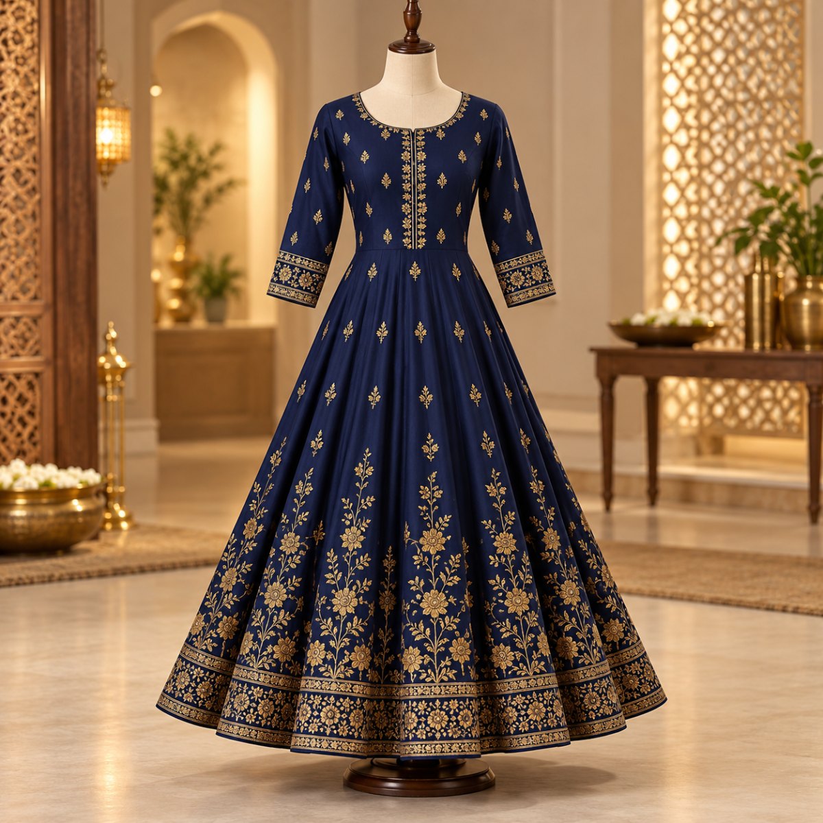 Royal Blue Floral Straight Kurti