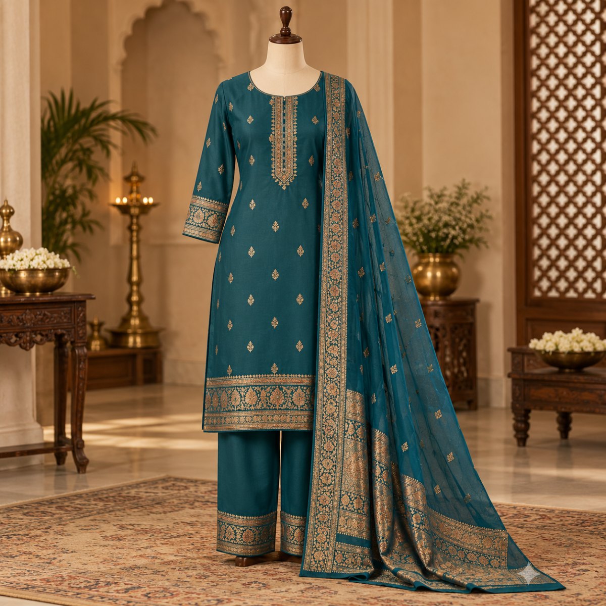 Peach Chanderi Look Suit Set