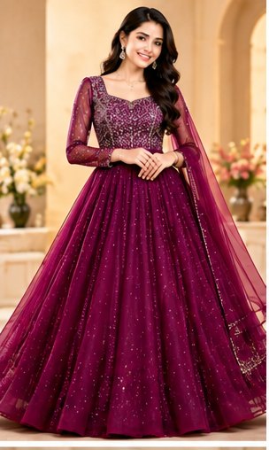 Wine Red Embroidered Yoke Gown