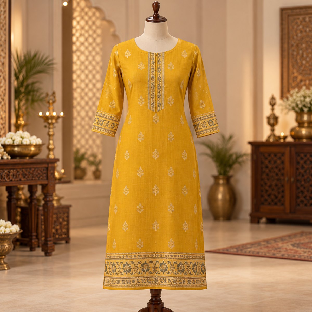 Mustard Yellow Anarkali Printed Kurti