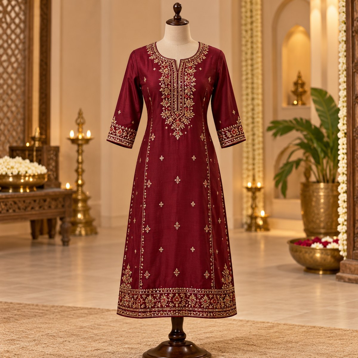 Maroon Festive Yoke Kurti