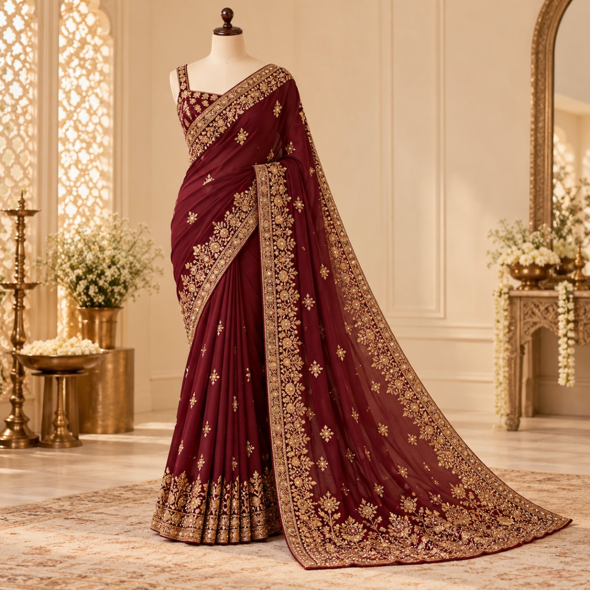 Wine Red Festive Border Saree
